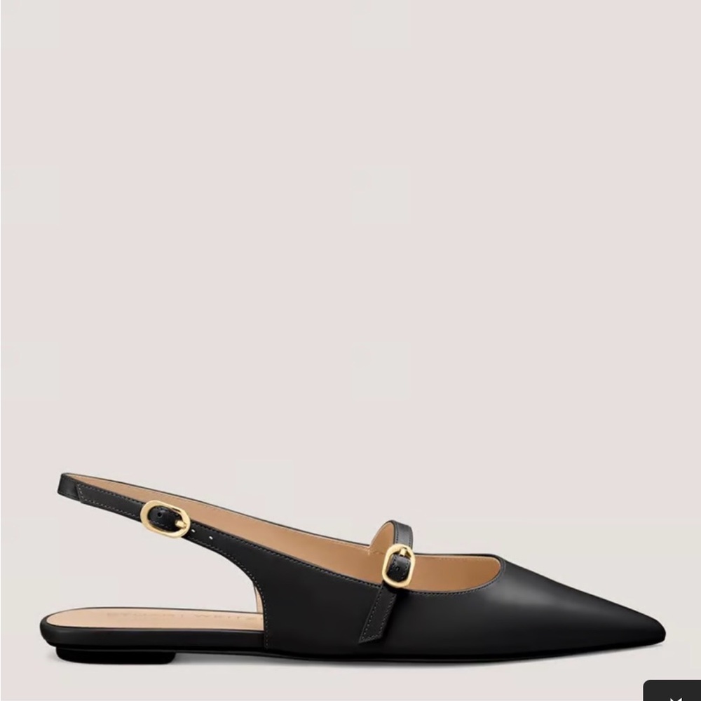 NWB Stuart Weitzman Black Pointed Slingback Mary Jane Flat with Gold Buckles